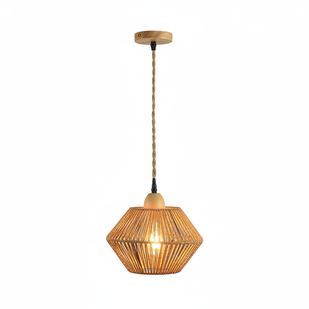 Jute lantern pendant light with woven diamond shade and braided cord