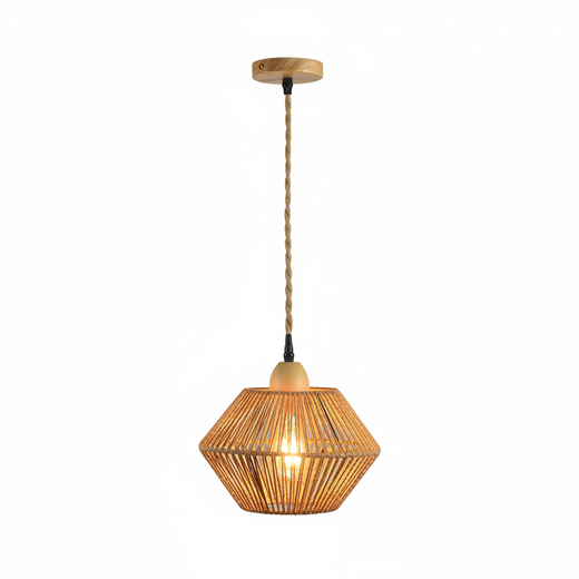 Jute lantern pendant light with woven diamond shade and braided cord