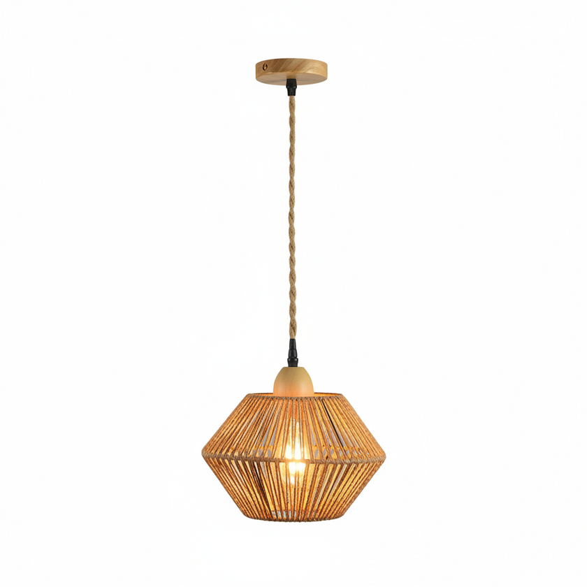 Jute lantern pendant light with woven diamond shade and braided cord