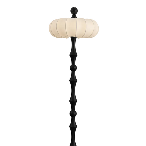 Modern floor lamp with cream ribbed drum shade and black stacked base