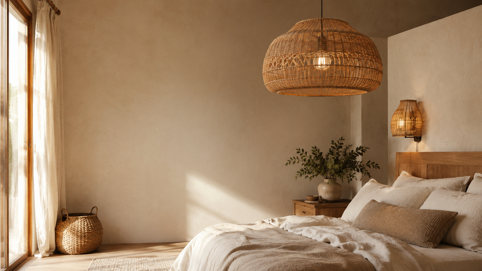Warm bedroom with woven pendant and wall light