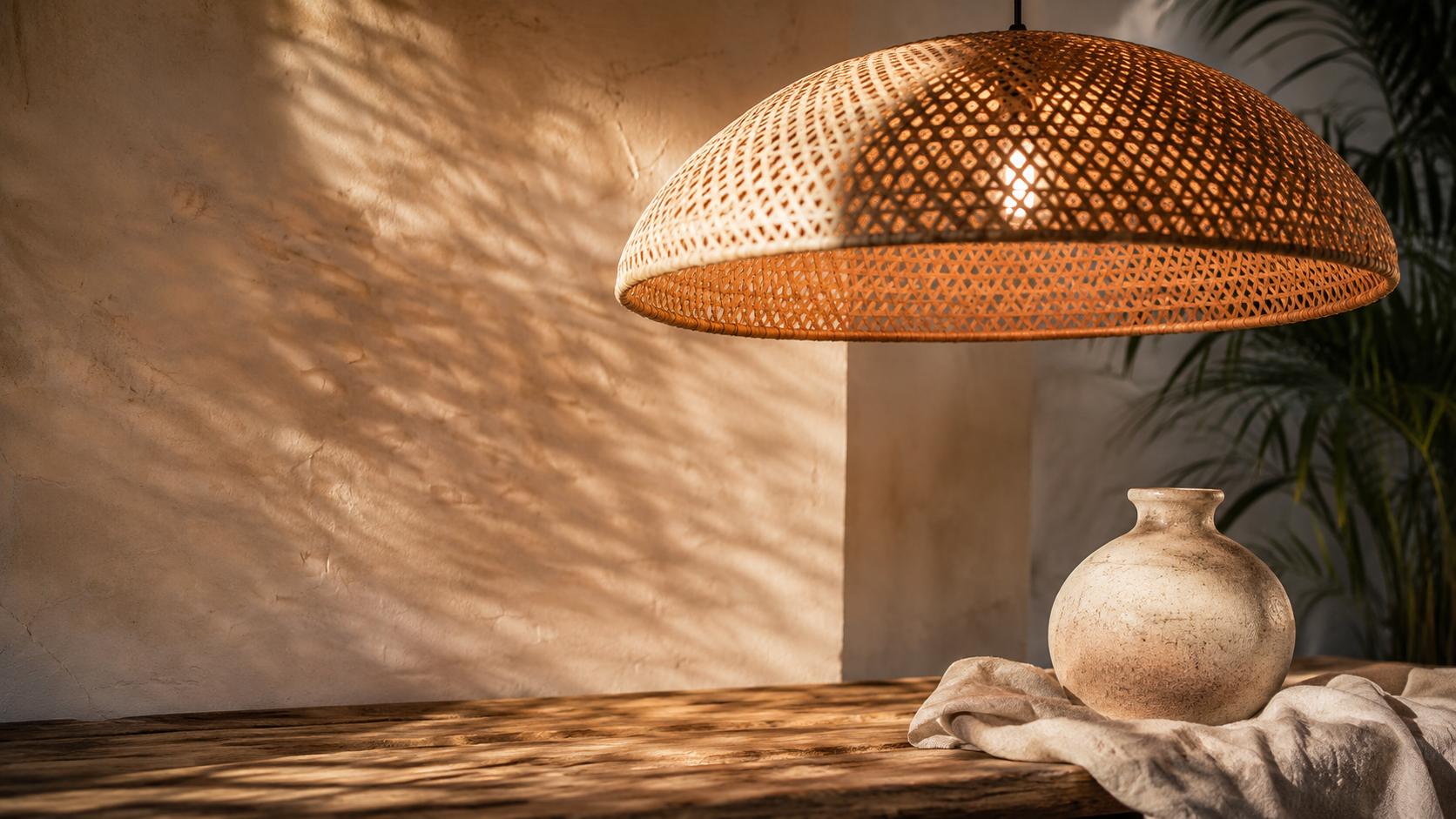 Close view of handwoven pendant casting warm light