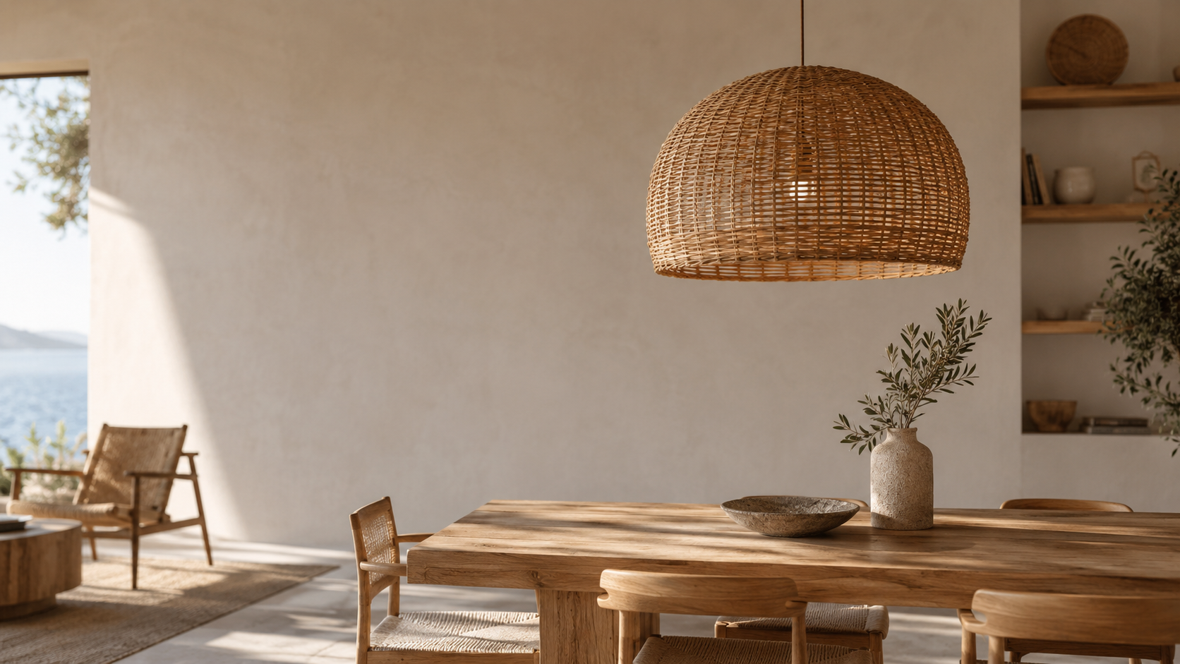 Handwoven rattan pendant above a warm natural dining room