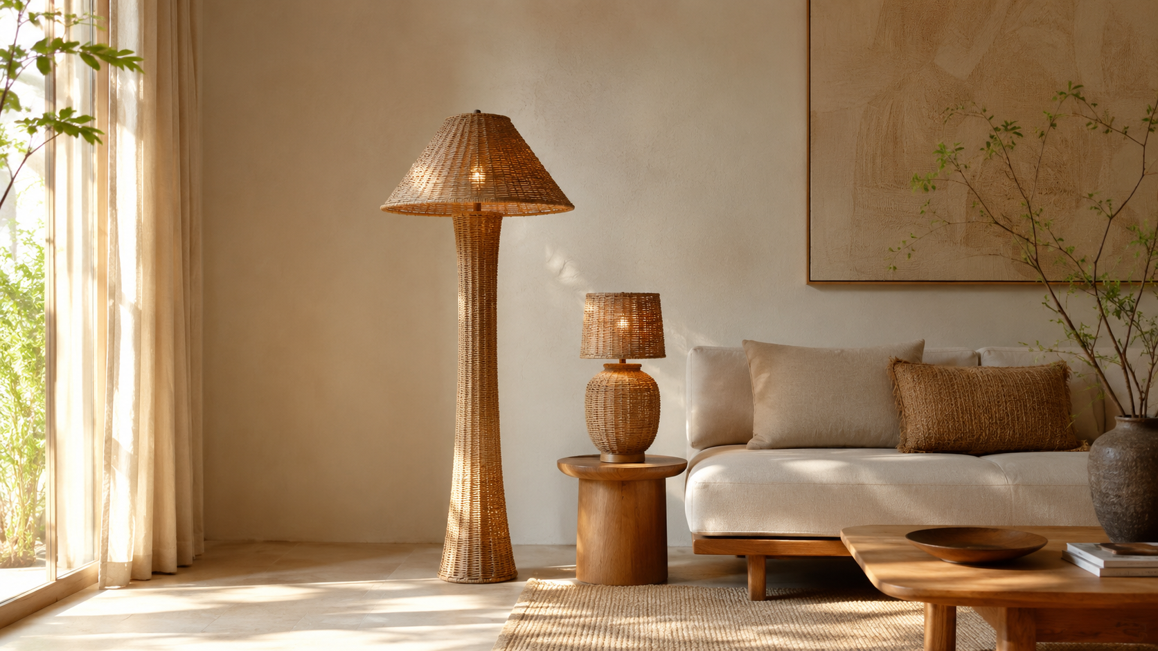 Natural living room with woven floor and table lamps
