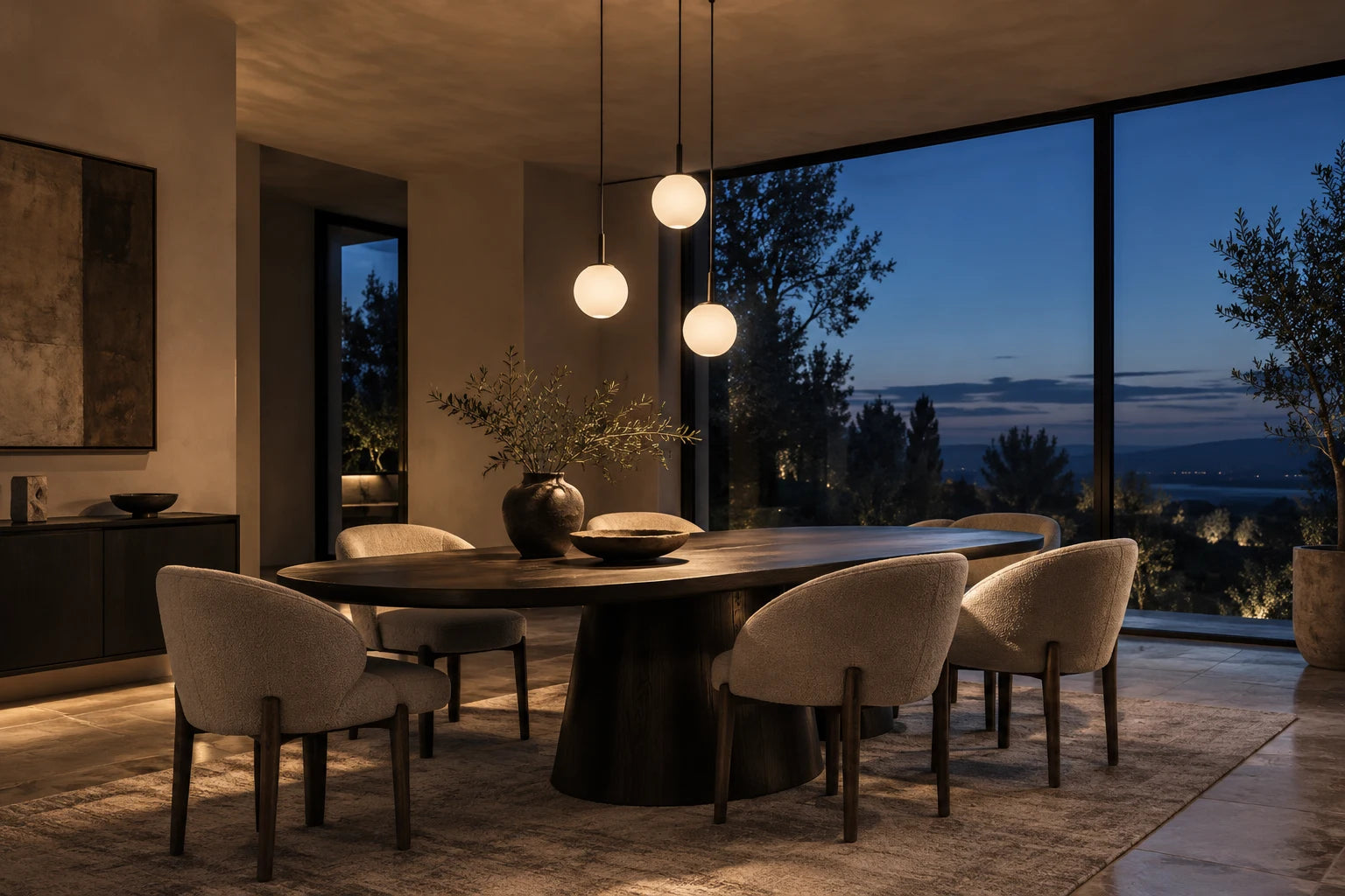 Contemporary dining room with glowing pendant lights at dusk
