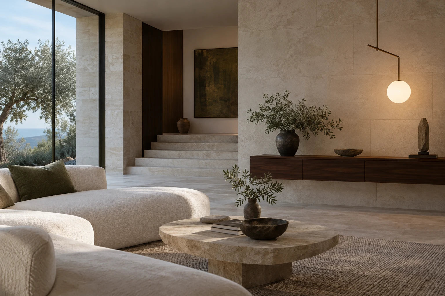 Contemporary living room with sculptural pendant lighting