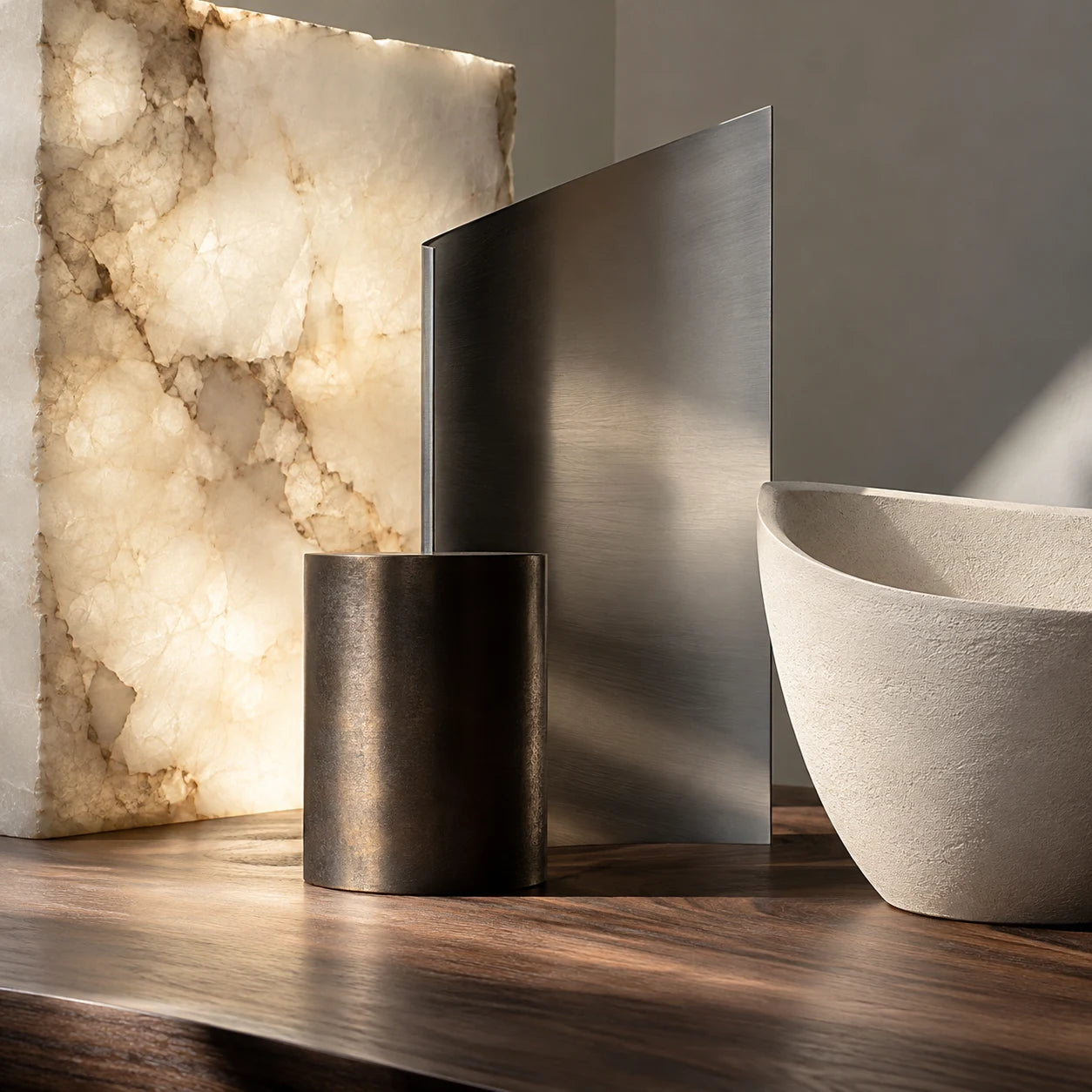 Alabaster, steel, bronze and ceramic material composition