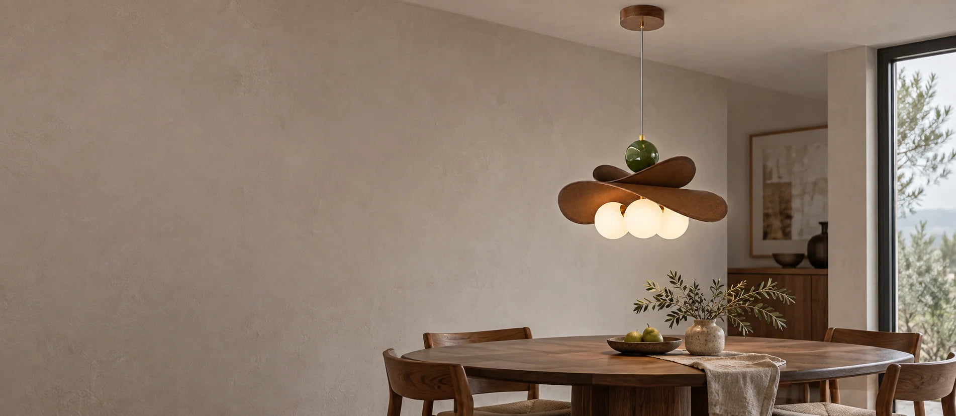 Walnut Glass Globe Pendant Light above a dining table in a natural interior
