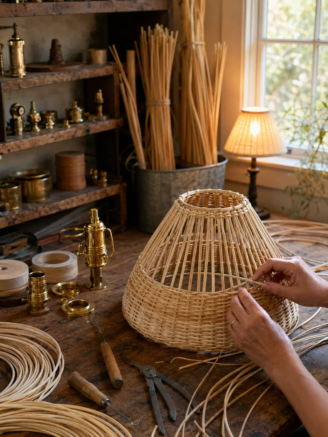 Hand finishing a woven rattan lampshade