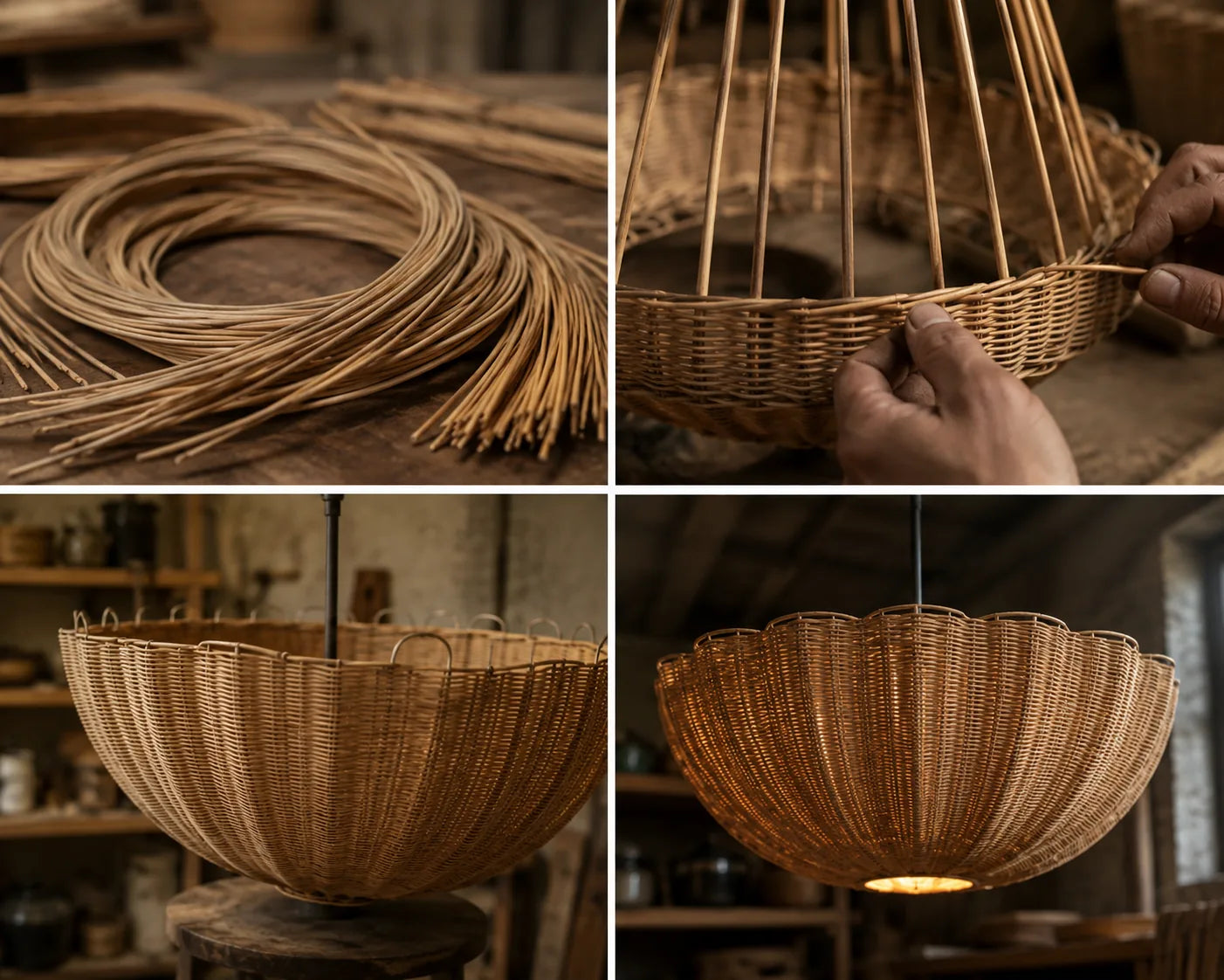 Rattan preparation, weaving, and finished pendant stages