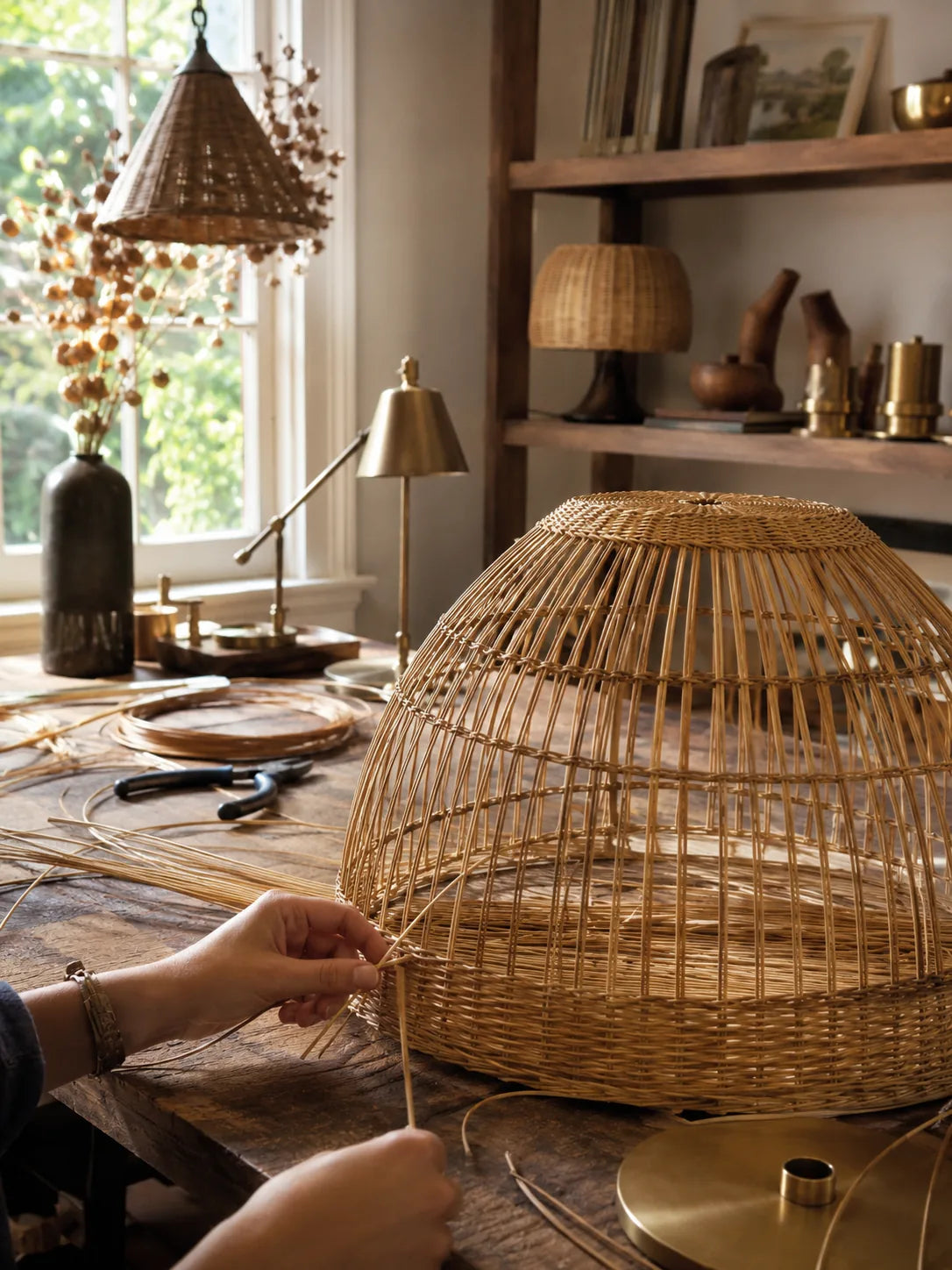 Artisan weaving a natural rattan lampshade