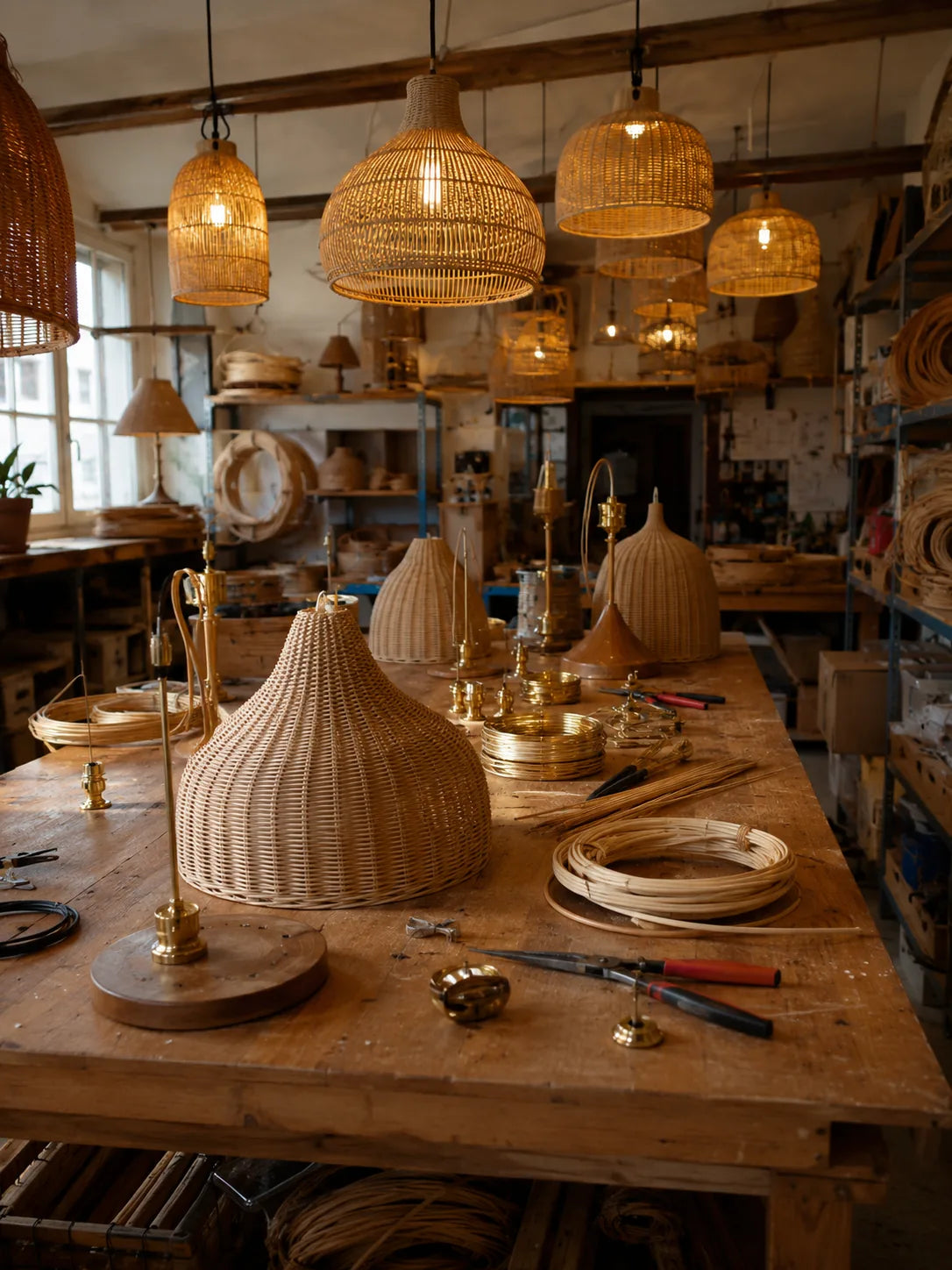 Rattan pendant lights in the solenalighting workshop