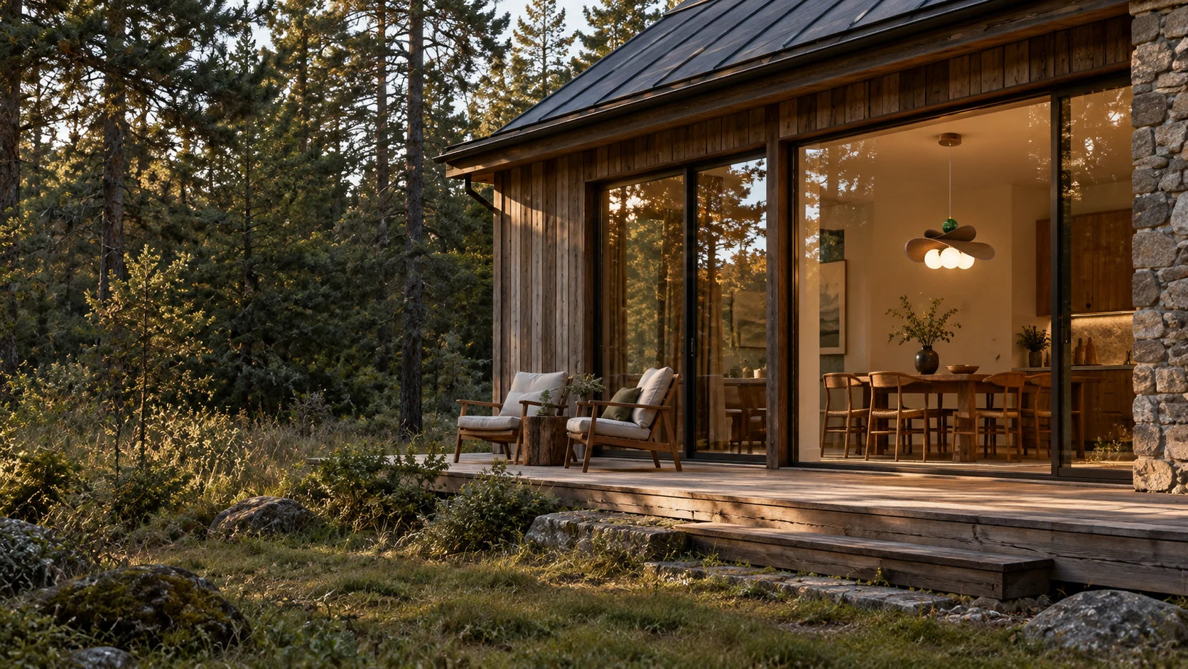 Woodland cabin terrace with the Walnut Glass Globe Pendant Light visible through the dining room window