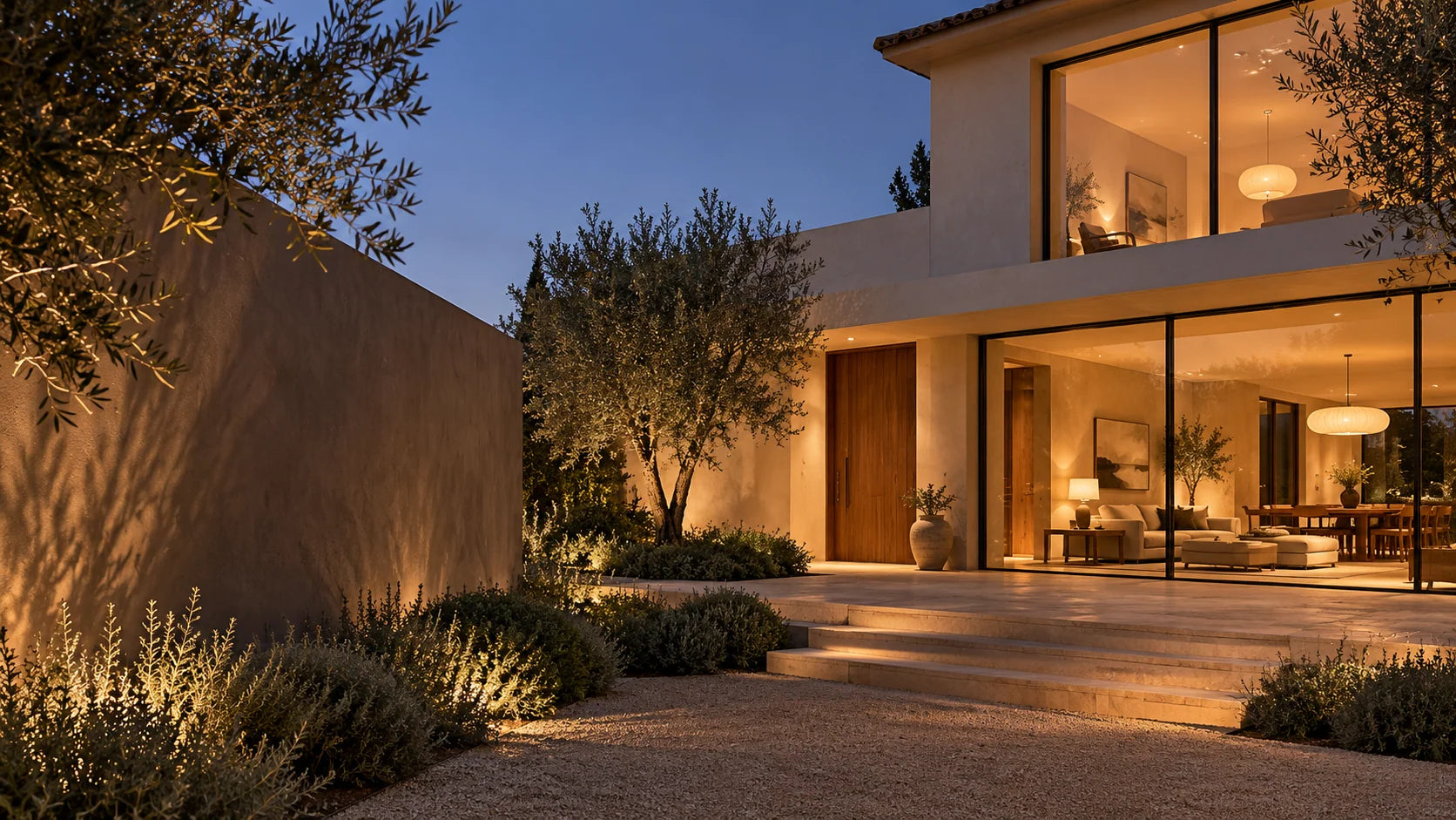 Warmly illuminated modern home exterior with landscaped courtyard and large windows at dusk