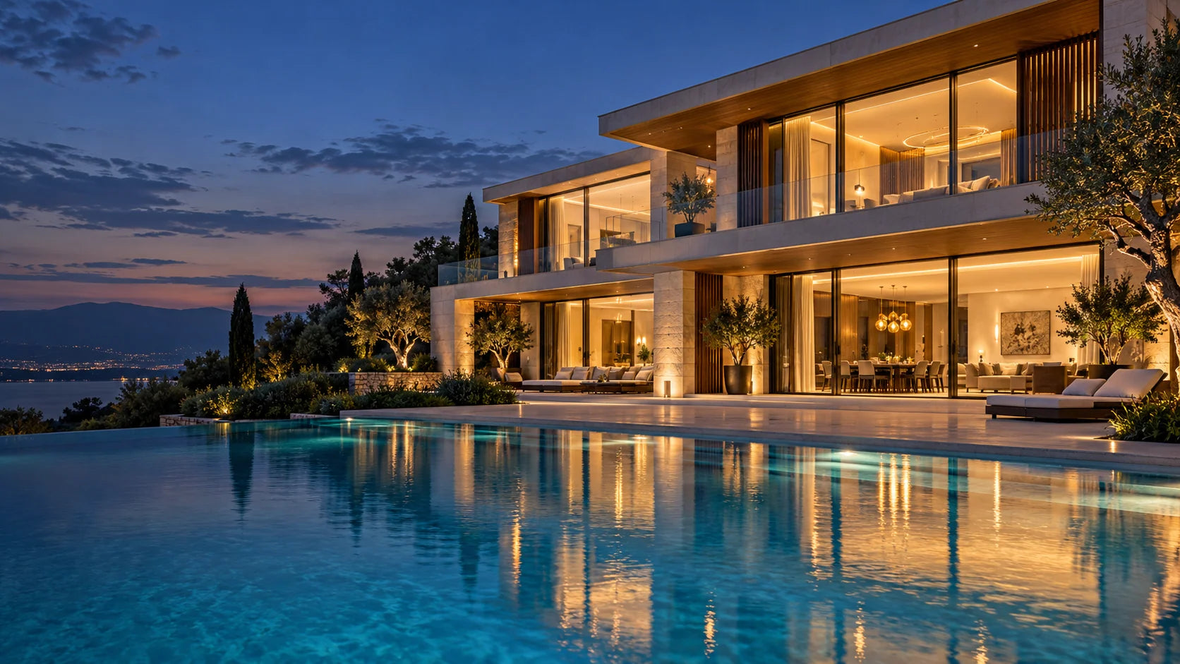 Large modern villa viewed across a swimming pool at dusk, with warm interior lighting reflected in the water