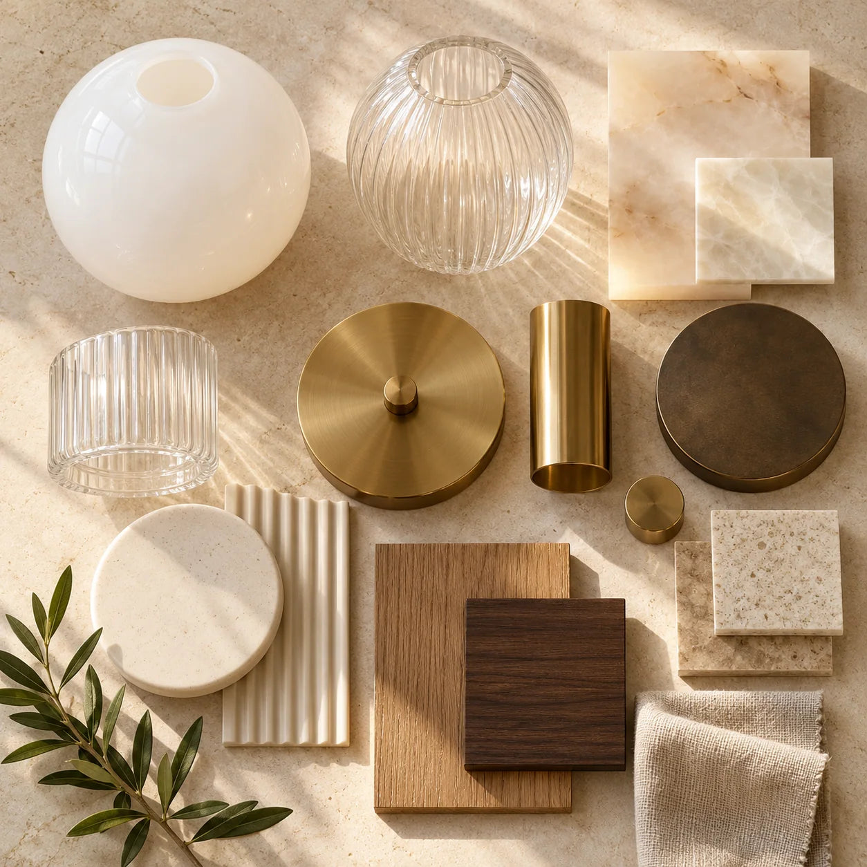 Glass, brass, ceramic, stone, wood and linen lighting material samples