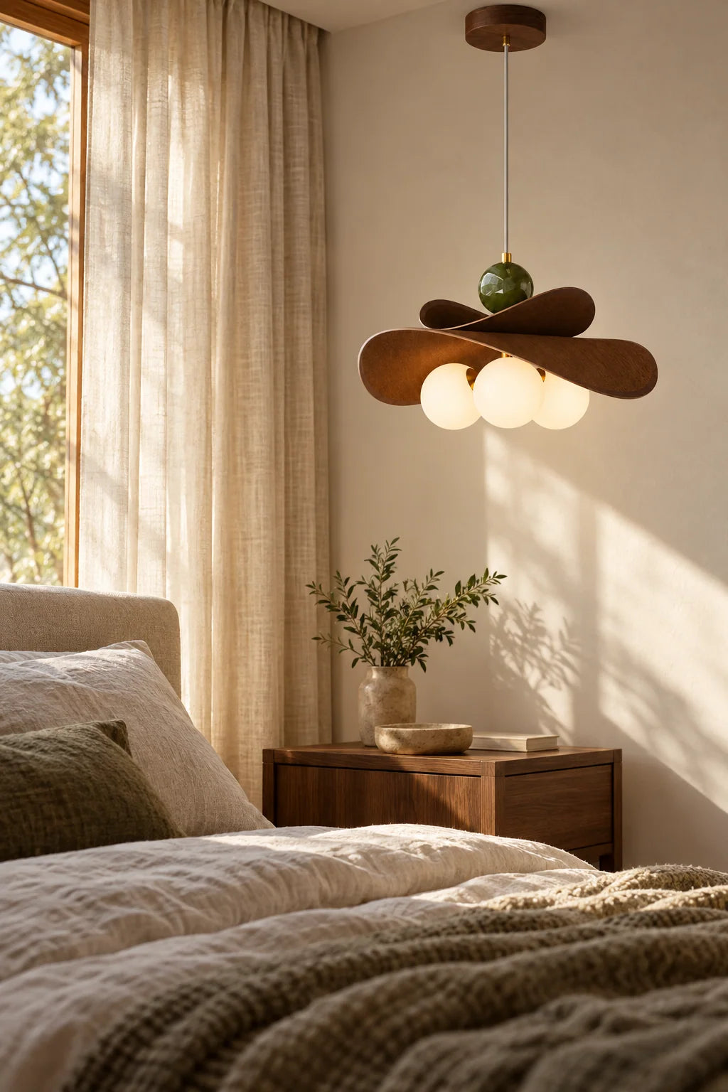 Walnut Glass Globe Pendant Light in a softly lit bedroom corner