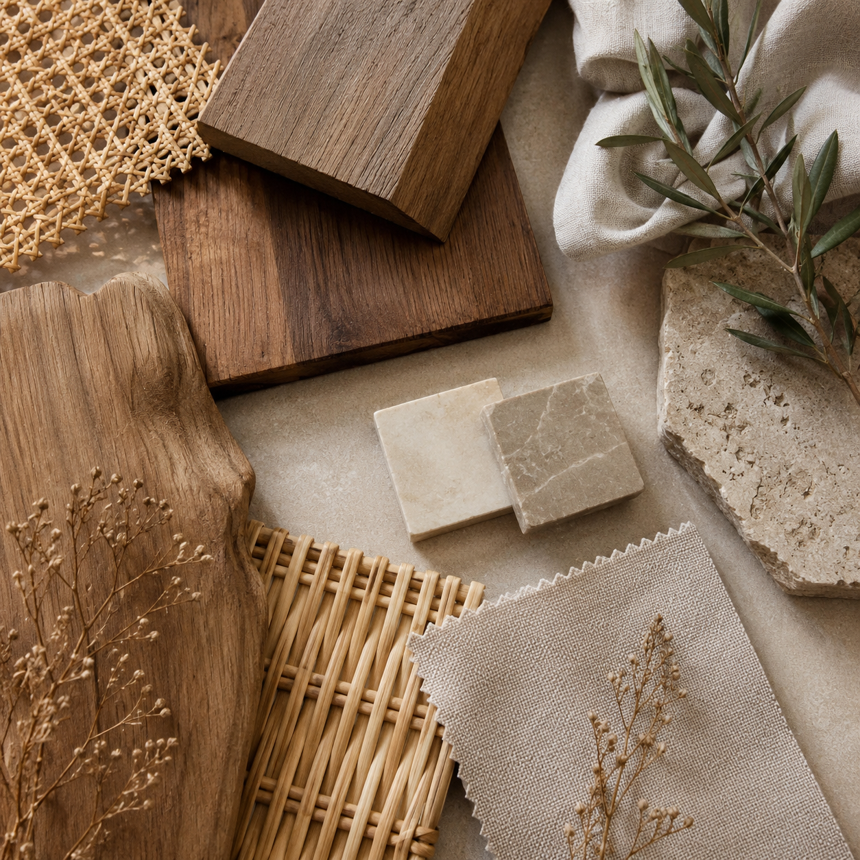 Natural wood, rattan, stone, and linen material palette